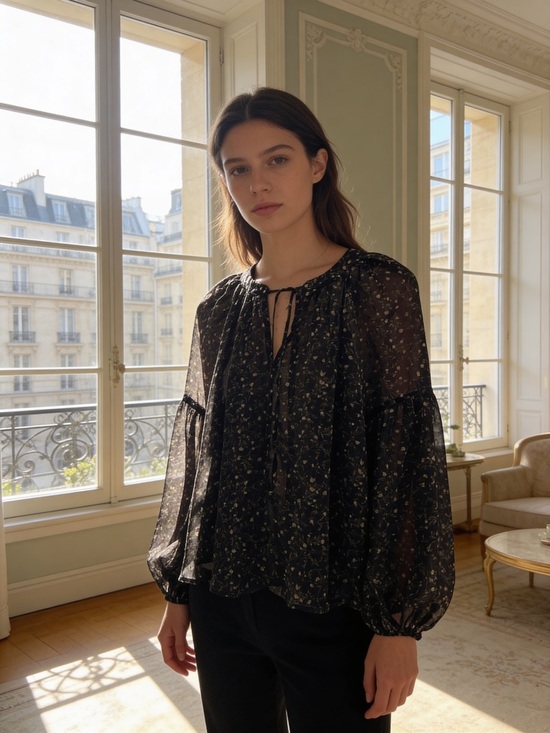 Blu Pepper Tops - Blu Pepper Black Floral Sheer Blouse Ruffle Tie Neck Long Sleeve Boho Top
